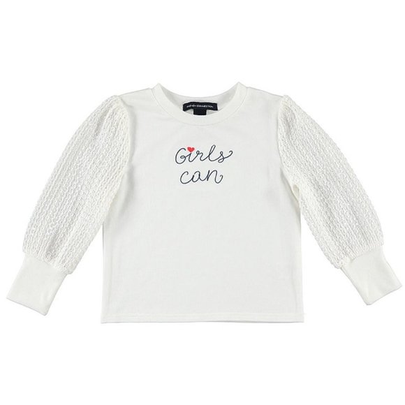 NEW French Connection Kid "Girls can" Script Cable Lace Balloon Sleeve Dress Top - Picture 1 of 3